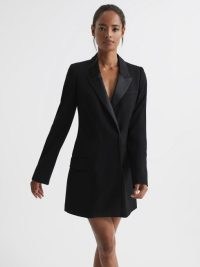 REISS SALMA SATIN LAPEL TUXEDO MINI DRESS BLACK ~ chic evening jacket style dresses ~ tailored double breasted LBD