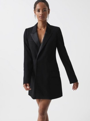 REISS SALMA SATIN LAPEL TUXEDO MINI DRESS BLACK ~ chic evening jacket style dresses ~ tailored double breasted LBD - flipped