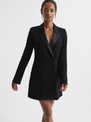 REISS SALMA SATIN LAPEL TUXEDO MINI DRESS BLACK ~ chic evening jacket style dresses ~ tailored double breasted LBD