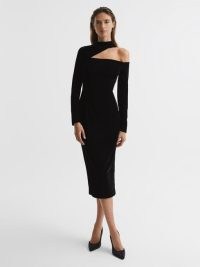 REISS TATIANA VELVET CUT-OUT SHOULDER DRESS BLACK – chic asymmetric cutout LBD – long sleeved high neck form fitting evening dresses