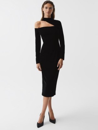 REISS TATIANA VELVET CUT-OUT SHOULDER DRESS BLACK – chic asymmetric cutout LBD – long sleeved high neck form fitting evening dresses - flipped