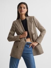 REISS SANDIE DOUBLE BREASTED CHECK BLAZER BROWN ~ women’s chic checked blazers ~ womens stylish autumn jackets