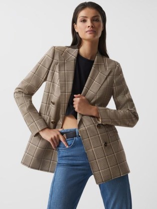 REISS SANDIE DOUBLE BREASTED CHECK BLAZER BROWN ~ women’s chic checked blazers ~ womens stylish autumn jackets - flipped