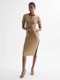 REISS ROSIE KNITTED BODYCON MIDI DRESS CAMEL ~ light brown sportwear inspired dresses ~ women’s chic athleisure style clothing