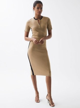 REISS ROSIE KNITTED BODYCON MIDI DRESS CAMEL ~ light brown sportwear inspired dresses ~ women’s chic athleisure style clothing - flipped