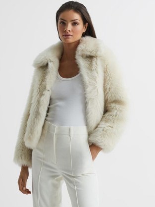 REISS CAITLIN SHORT SHEARLING JACKET CREAM ~ women’s luxe winter outerwear ~ womens plush jackets ~ glamorous looks