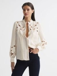 REISS SOPHIE LACE DETAIL SHIRT BLOUSE CREAM ~ feminine cut out detail blouses