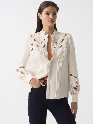 REISS SOPHIE LACE DETAIL SHIRT BLOUSE CREAM ~ feminine cut out detail blouses - flipped