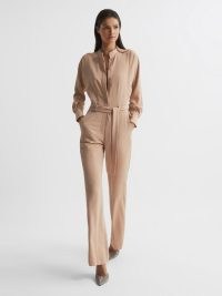 REISS DANIA WIDE LEG JUMPSUIT NUDE ~ luxe long sleeved tie waist jumpsuits ~ chic fashion