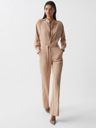 REISS DANIA WIDE LEG JUMPSUIT NUDE ~ luxe long sleeved tie waist jumpsuits ~ chic fashion - flipped