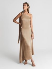 REISS DELPHINE ONE SHOULDER ASYMMETRIC MAXI DRESS in MINK ~ luxe light brown occasion dresses