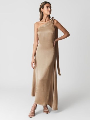REISS DELPHINE ONE SHOULDER ASYMMETRIC MAXI DRESS in MINK ~ luxe light brown occasion dresses - flipped