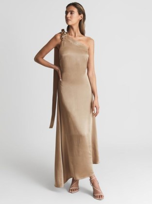 REISS DELPHINE ONE SHOULDER ASYMMETRIC MAXI DRESS in MINK ~ luxe light brown occasion dresses