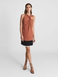 REISS ENYA COLOURBLOCK MINI DRESS ORANGE ~ chic sleeveless asymmetric neckline evening dresses ~ colour block occasion fashion