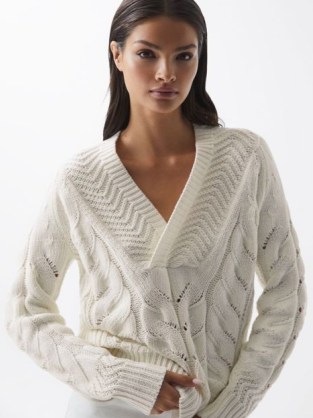 REISS CLAUDINE CABLE KNIT SHAWL NECK JUMPER IVORY / women’s chic chunky knits - flipped
