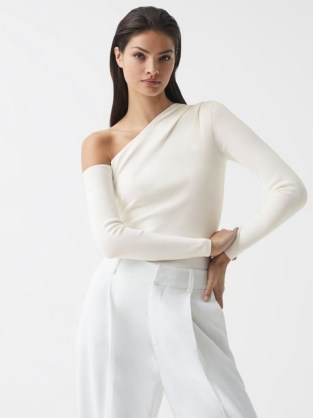 REISS LUCY OFF-SHOULDER FITTED TOP IVORY ~ chic long sleeve asymmetric tops - flipped
