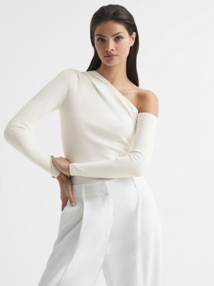 REISS LUCY OFF-SHOULDER FITTED TOP IVORY ~ chic long sleeve asymmetric tops