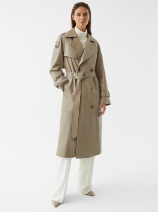 Reiss MAYA LEATHER TRENCH COAT TAUPE | women’s luxury outerwear | luxe neutral belted coats | womens contemporary classics - flipped