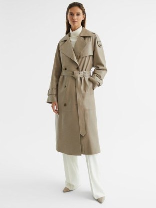 Reiss MAYA LEATHER TRENCH COAT TAUPE | women’s luxury outerwear | luxe neutral belted coats | womens contemporary classics