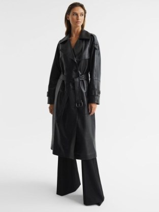 MAYA LEATHER TRENCH COAT BLACK ~ women’s sophisticated winter coats ~ belted waist ~ timeless wardrobe pieces ~ chic outerwear