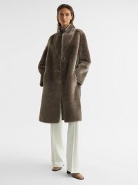 REISS JAYCE REVERSIBLE LONG SHEARLING COAT MINK ~ luxe winter look ~ women’s luxury brown tone coats