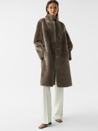 REISS JAYCE REVERSIBLE LONG SHEARLING COAT MINK ~ luxe winter look ~ women’s luxury brown tone coats - flipped