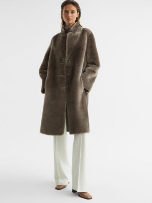 REISS JAYCE REVERSIBLE LONG SHEARLING COAT MINK ~ luxe winter look ~ women’s luxury brown tone coats