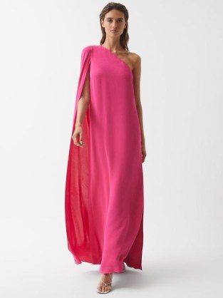 REISS NINA CAPE ONE SHOULDER MAXI DRESS in PINK ~ striking event look ~ long length asymmetric occasion dresses ~ sophisticated glamour - flipped