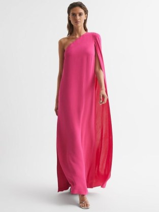 REISS NINA CAPE ONE SHOULDER MAXI DRESS in PINK ~ striking event look ~ long length asymmetric occasion dresses ~ sophisticated glamour