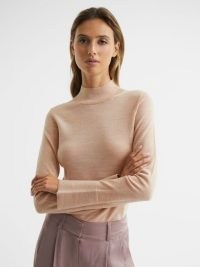 REISS SASHA MERINO WOOL SPLIT SLEEVE JUMPER NUDE / women’s high neck jumpers with extended slit cuffs / chic knitwear