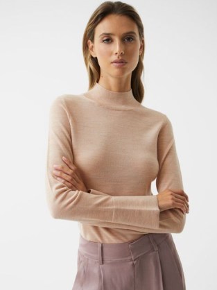 REISS SASHA MERINO WOOL SPLIT SLEEVE JUMPER NUDE / women’s high neck jumpers with extended slit cuffs / chic knitwear - flipped