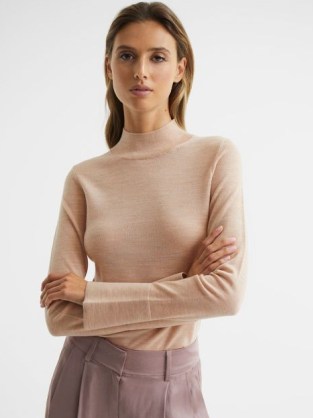 REISS SASHA MERINO WOOL SPLIT SLEEVE JUMPER NUDE / women’s high neck jumpers with extended slit cuffs / chic knitwear