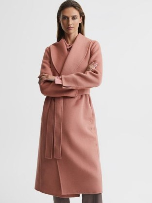 REISS FREJA SHAWL COLLAR BLINDSEAM LONG COAT PINK ~ women’s luxe self tie waist winter coats