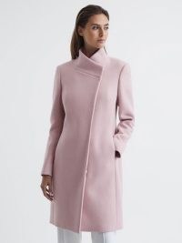 REISS IRIS DOUBLE BREASTED WOOL BLEND BLAZER PINK ~ wrap style coats with a high asymmetric neckline ~ women’s stylish outerwear