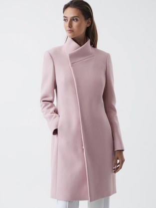REISS IRIS DOUBLE BREASTED WOOL BLEND BLAZER PINK ~ wrap style coats with a high asymmetric neckline ~ women’s stylish outerwear - flipped