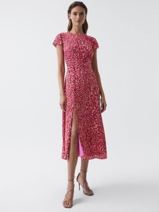 REISS LIVIA PRINTED CUT-OUT BACK MIDI DRESS RED / elegant occasion dresses / understated style - flipped
