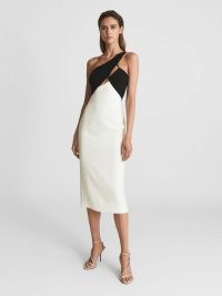 REISS ELODIE ONE SHOULDER BODYCON MIDI DRESS ~ asymmetric evening wear ~ monochrome occasion dresses ~ chic black and white cocktail party fashion ~ sophisticated glamour
