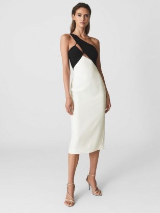 REISS ELODIE ONE SHOULDER BODYCON MIDI DRESS ~ asymmetric evening wear ~ monochrome occasion dresses ~ chic black and white cocktail party fashion ~ sophisticated glamour - flipped
