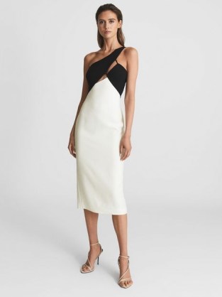 REISS ELODIE ONE SHOULDER BODYCON MIDI DRESS ~ asymmetric evening wear ~ monochrome occasion dresses ~ chic black and white cocktail party fashion ~ sophisticated glamour