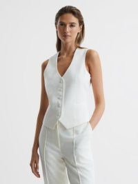 REISS TAITE TUXEDO WAISTCOAT WHITE ~ women’s chic waistcoats ~ womens 70s inspired fashion
