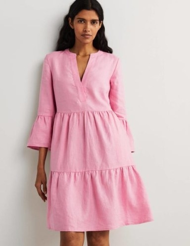 Boden Relaxed Linen Tiered Dress in Cherry Blossom ~ pink relaxed fit three-quarter length fluted sleeve dresses ~ feminine fashion ~ 3/4 flared sleeves - flipped