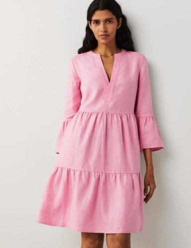Boden Relaxed Linen Tiered Dress in Cherry Blossom ~ pink relaxed fit three-quarter length fluted sleeve dresses ~ feminine fashion ~ 3/4 flared sleeves