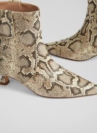L.K. BENNETT Rowan Natural Snake-Effect Leather Western Style Ankle Boots / women’s pointed toe kitten heel booties / womens reptile print footwear