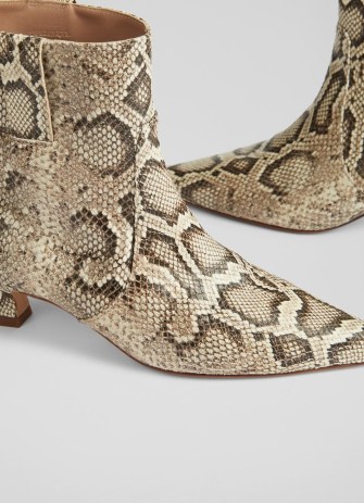 L.K. BENNETT Rowan Natural Snake-Effect Leather Western Style Ankle Boots / women’s pointed toe kitten heel booties / womens reptile print footwear