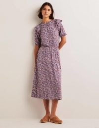 Boden Ruffle Jersey Midi Dress Riveria Blue Petal Paisley / floral print short sleeve ruffled shoulder day dresses