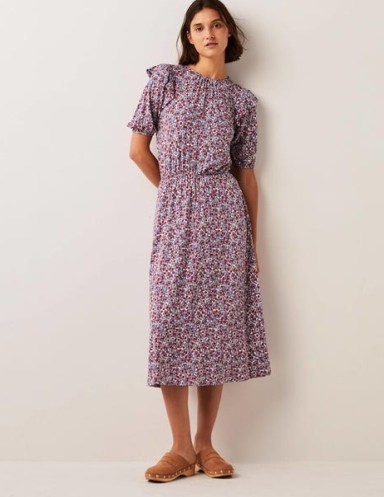 Boden Ruffle Jersey Midi Dress Riveria Blue Petal Paisley / floral print short sleeve ruffled shoulder day dresses - flipped