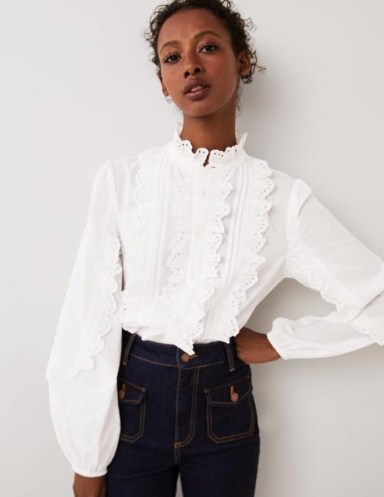 Boden Ruffle Sleeve Broderie Blouse White – romantic ruffled high neck blouses – women’s feminine frill timmed cotton shirts – romance inspired clothes - flipped