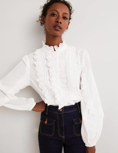 Boden Ruffle Sleeve Broderie Blouse White – romantic ruffled high neck blouses – women’s feminine frill timmed cotton shirts – romance inspired clothes