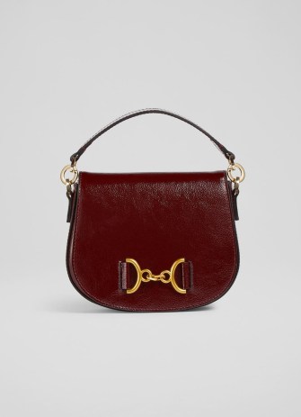 L.K. Bennett Sandra Red Crinkle Patent Leather Snaffle-Detail Bag | horsebit detail shoulder bags | chic top handle handbag | classic colours for autumn handbags