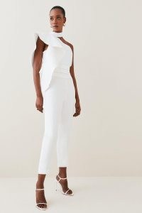 KAREN MILLEN Ivory Satin Back Crepe Ruffle Sleeve Jumpsuit in Ivory | glamorous ruffled one shoulder occasion jumpsuiys | party glamour | statement ruffles